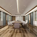 Chinese Style Conference Room Interior With Wooden Flooring Long Table And Lattice Windows