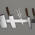 Kitchen Knives and Scissors with Wooden Handles on Magnetic Strip Holder