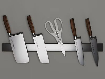 Kitchen Knives and Scissors with Wooden Handles on Magnetic Strip Holder 3d model