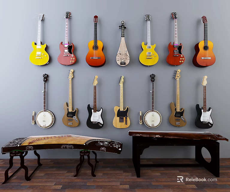 Various Color Wall Mounted Guitars Banjo and Art Supplies Display Benches 3d model 
