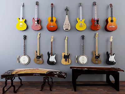 Various Color Wall Mounted Guitars Banjo and Art Supplies Display Benches 3d model