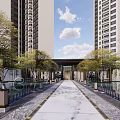 Elegant Garden Landscape With Symmetric Entrance Paved Courtyard And Tall Buildings