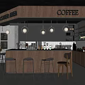 Modern Coffee Shop Interior Design With Cashier Area Wooden Counter Hanging Lights And Stools