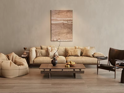 Living Room Interior Design With Beige Sofa Armchair Wooden Coffee Table Abstract Wall Painting Wooden Floor 3d model