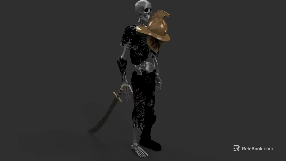 Skeleton Game Movie Character Wearing Pirate Hat And Holding Sword In Armor 3d model 