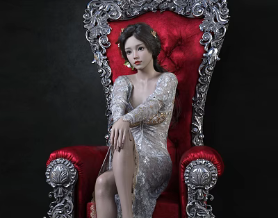 Elegant Woman In Silver Dress Sitting On Red Ornate Chair With Carved Silver Details 3d model