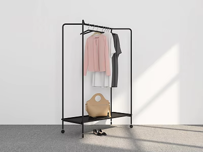 Black Metal Clothes Rack With Pink White Gray Clothes Beige Bag And Black Shoes 3d model