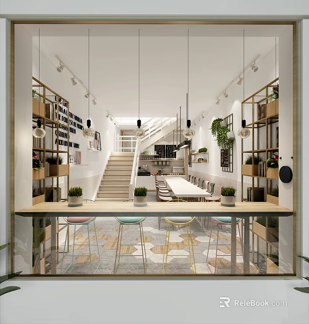 Modern Cafe Interior With Open Layout Bar Counter Colorful Chairs Green Plants And Wall Decorations 3d model 