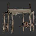 Traditional Rustic Tent Structure With Canvas Cover Wooden Poles Bench And Crates