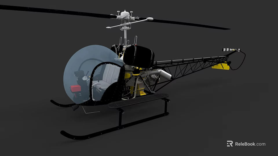 Small Helicopter With Transparent Cockpit Black And Yellow Design And Landing Skids 3d model 
