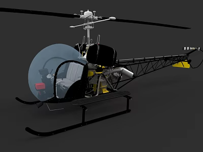 Small Helicopter With Transparent Cockpit Black And Yellow Design And Landing Skids 3d model