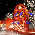 Wendy Chi New Year Themed Art Installation With Red Lanterns Fan Shaped Decorations And Fireworks