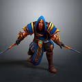 Hooded Game Movie Character In Blue And Gold Armor With Dual Swords Battle Stance