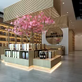Modern Liquor Store Interior With Wooden Shelves Alcohol Bottles Circular Decoration Reception Counter Wooden Ceiling