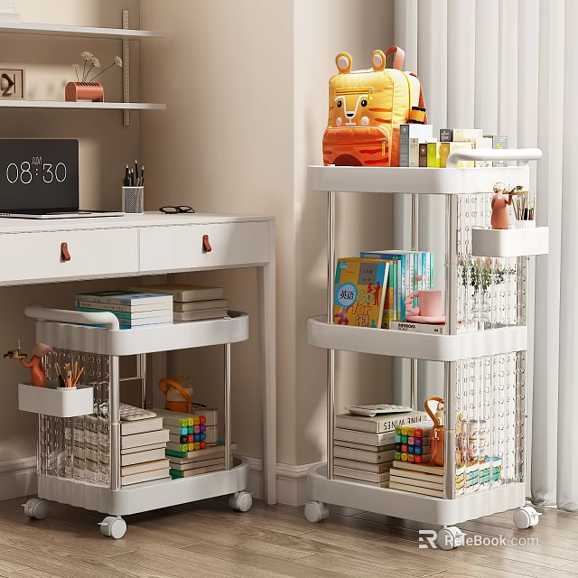 Practical White Multi Tiered Rolling Shelf With Books Colorful Toys And Stationery In Kids Room 3d model 
