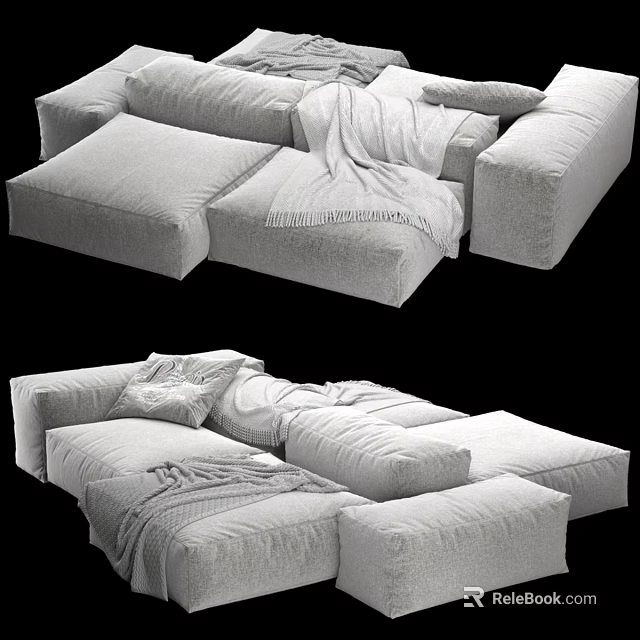 Cozy Modern Fabric Sectional Sofa With Plush Cushions Throw Blanket And Decorative Pillows 3d model 