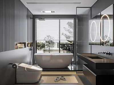 Modern Bathroom Interior With Gray Walls Freestanding Bathtub Vanity Sink And Round Mirrors 3d model