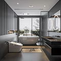 Modern Bathroom Interior With Gray Walls Freestanding Bathtub Vanity Sink And Round Mirrors