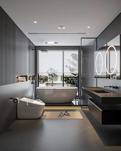 Modern Bathroom Interior With Gray Walls Freestanding Bathtub Vanity Sink And Round Mirrors 3d model