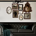 Elegant Living Room Interior With Black Leather Sofa Chandelier Framed Paintings And Patterned Rug