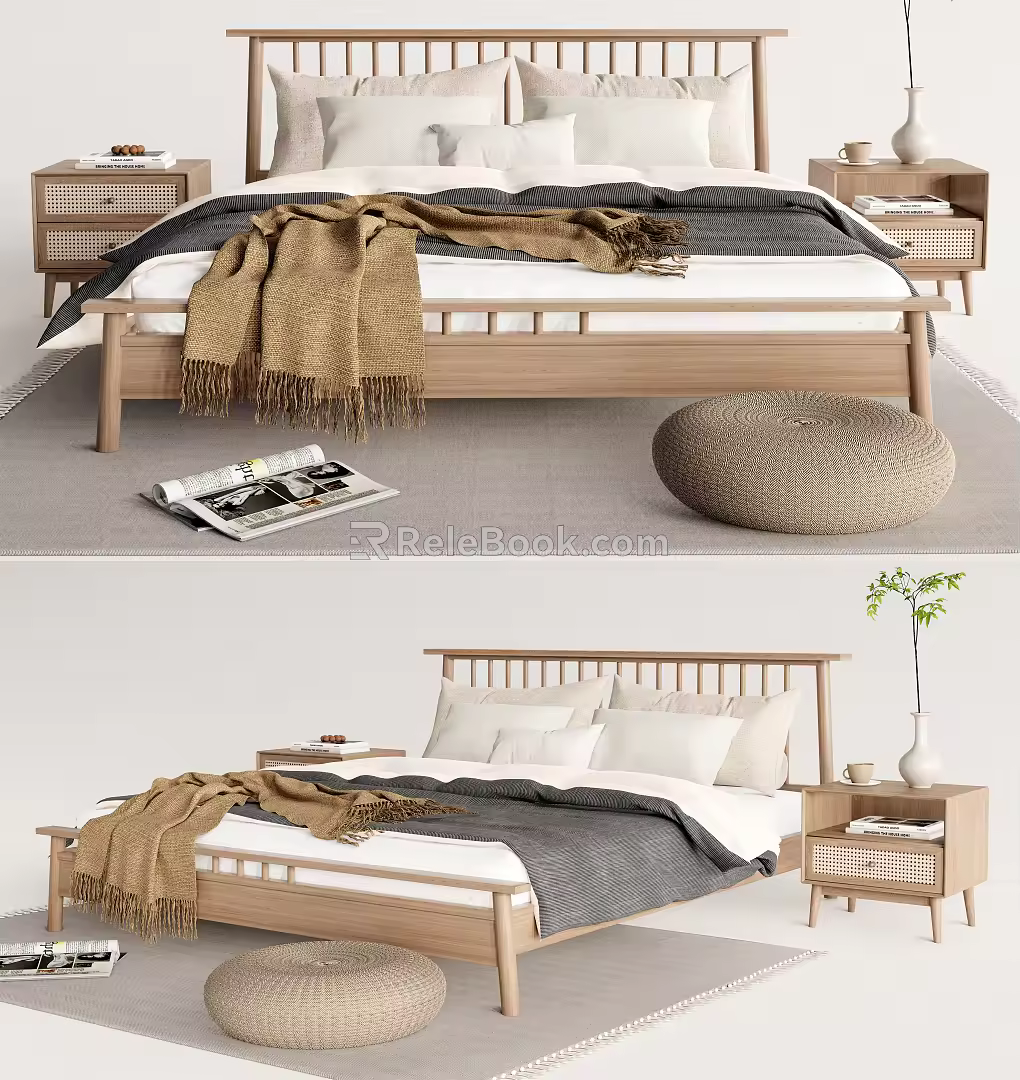 Japanese-style Double Bed Double Bedside Table Combination Ornaments 3d model