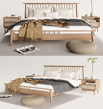 Japanese-style Double Bed Double Bedside Table Combination Ornaments 3d model