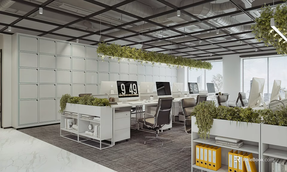 Modern Public Office Space With Open Layout White Desks Green Plants And Computer Monitors 3d model 
