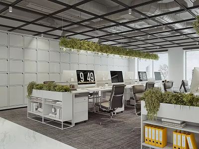 Modern Public Office Space With Open Layout White Desks Green Plants And Computer Monitors 3d model