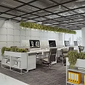 Modern Public Office Space With Open Layout White Desks Green Plants And Computer Monitors