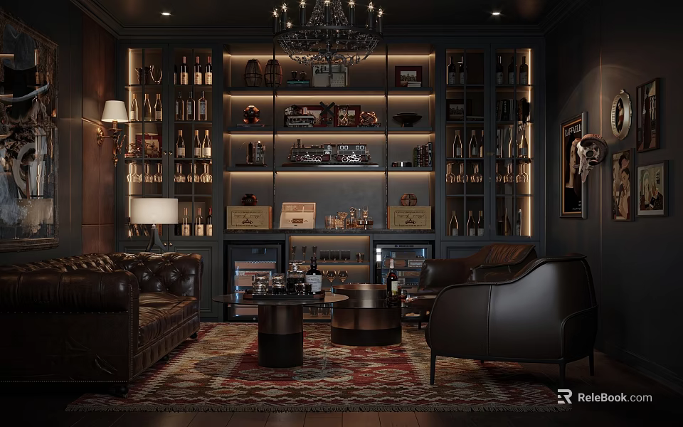 Elegant Dark Bar Interior with Leather Sofas Chandelier Wine Bottle Shelves Wooden Accents and Carpet 3d model 