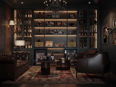 Elegant Dark Bar Interior with Leather Sofas Chandelier Wine Bottle Shelves Wooden Accents and Carpet 3d model