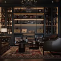 Elegant Dark Bar Interior with Leather Sofas Chandelier Wine Bottle Shelves Wooden Accents and Carpet