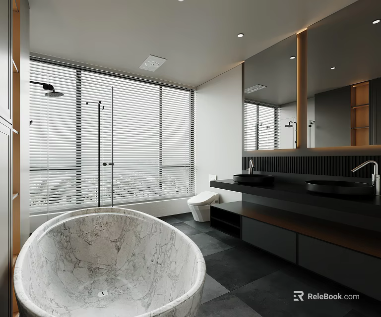 Modern Bathroom Interior With Freestanding Marble Bathtub Large Windows Black Countertop Double Sinks And Mirror 3d model 