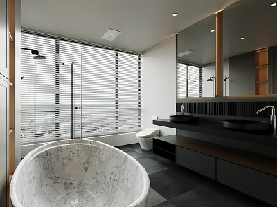 Modern Bathroom Interior With Freestanding Marble Bathtub Large Windows Black Countertop Double Sinks And Mirror 3d model