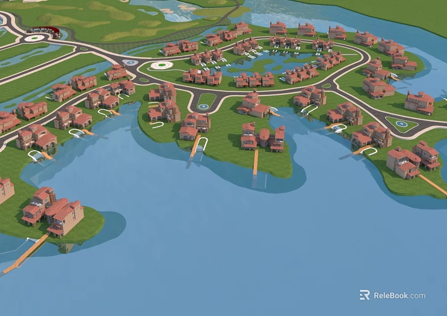 Aerial Planning of Waterfront Residential Community Layout with Scattered Buildings and Water Areas 3d model 