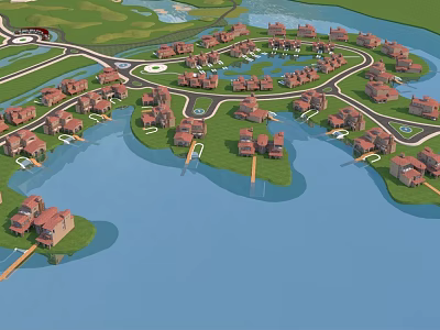 Aerial Planning of Waterfront Residential Community Layout with Scattered Buildings and Water Areas 3d model
