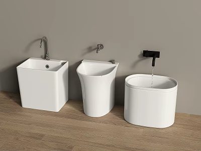 Three White Washbasins With Different Designs And Faucets Against Wall On Wooden Floor 3d model