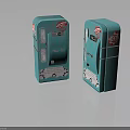 Two Turquoise Vintage Coin Operated Machines With Red Logos And Slots