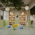 Kindergarten Interior With Hanging Green Plants Spherical Pendant Lights And Colorful Seating