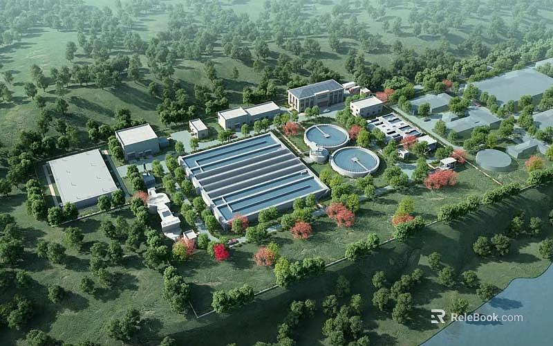 Aerial View of Modern Industrial Plant With Lush Greenery and Circular Facilities 3d model 