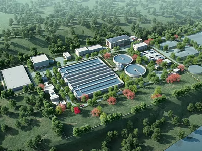 Aerial View of Modern Industrial Plant With Lush Greenery and Circular Facilities 3d model