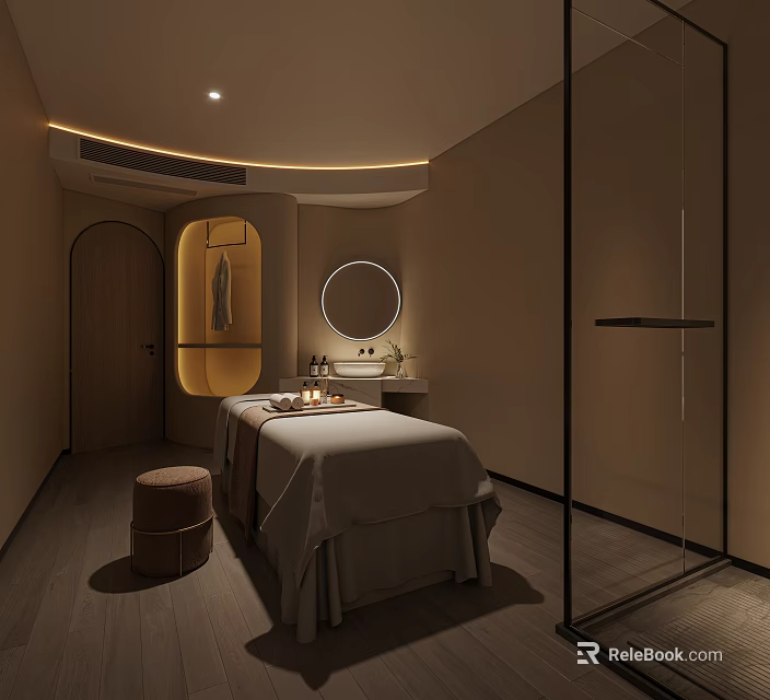 SPA Sauna Room Modern Interior With Treatment Bed Wooden Stool And Round Mirror 3d model 