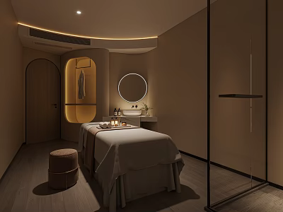 SPA Sauna Room Modern Interior With Treatment Bed Wooden Stool And Round Mirror 3d model