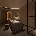 SPA Sauna Room Modern Interior With Treatment Bed Wooden Stool And Round Mirror