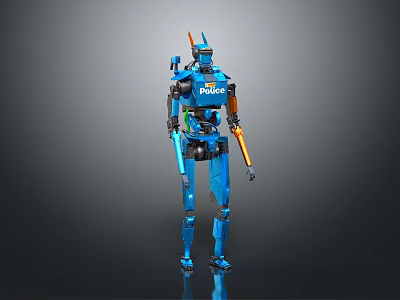 Blue Robot Character With Orange Horns Mechanical Structure And ROBOT Text On Body 3d model