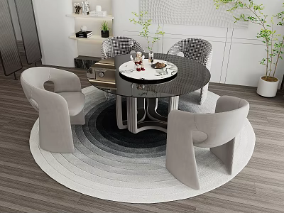 Elegant Modern Restaurant Dining Area With Round Marble Table Light Chairs And Circular Rug 3d model