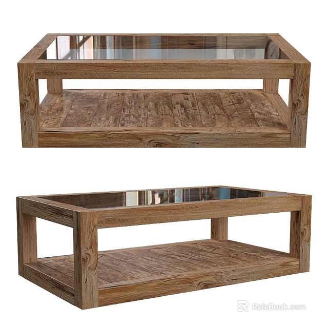 Modern Wooden Coffee Table With Transparent Glass Top And Spacious Lower Storage Shelf 3d model 