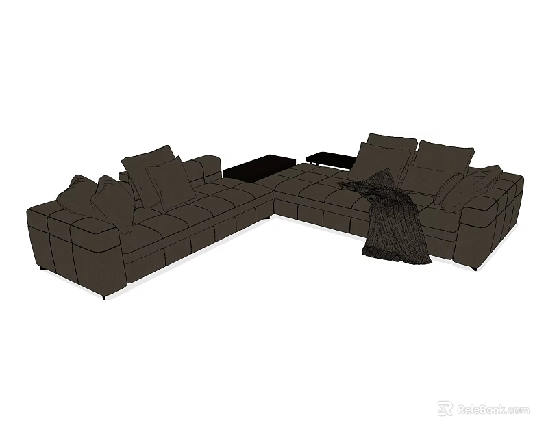 Dark Colored L Shaped Sectional Sofa with Cushions Throw Blanket and Center Table 3d model