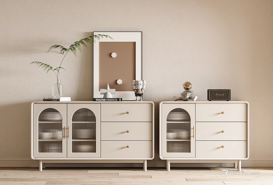 Elegant Light Colored Sideboard With Mesh Doors Drawers And Decorative Items On Top 3d model