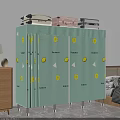 Light Blue Wardrobe With Lemon Patterns And Summer Text In Bedroom With Suitcases On Top